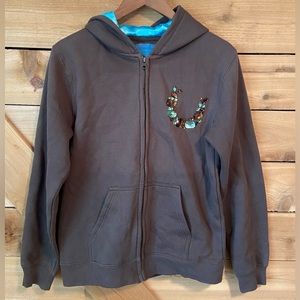 Cowgirl Hardware Brown Zip Up Sweatshirt with Crystal Horseshoes and Silk Hood